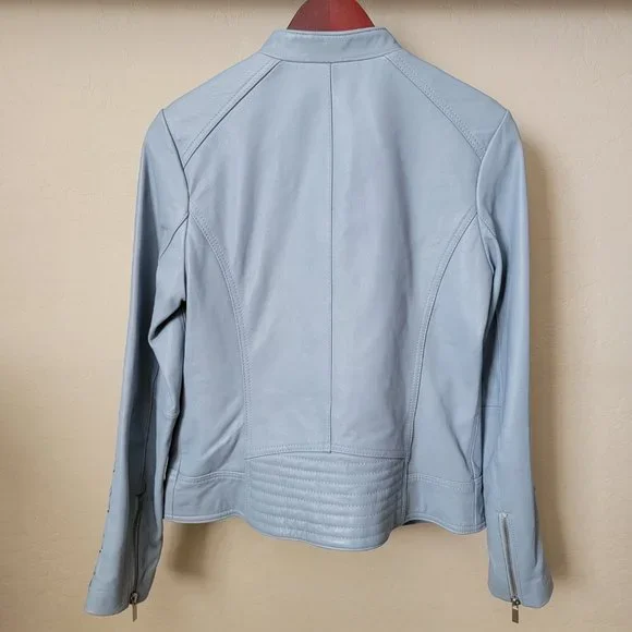 Neiman Marcus Light Blue Leather Lace-Up Moto Leather Jacket - Picture 8 of 16